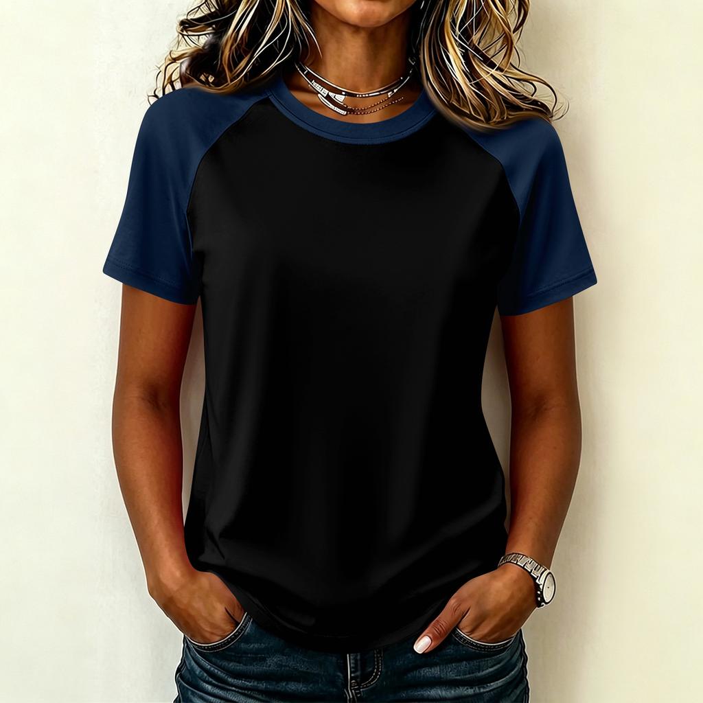 Women Casual Short Sleeve Raglan Sleeve T Shirt Crew Neck Color Block Loose Fit Lightweight Summer Top