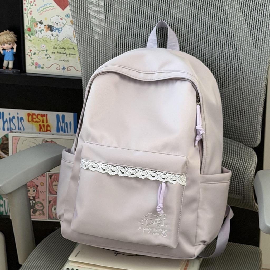 Schoolbag Korean version simple solid color backpack bag female niche design sweet lace large capacity versatile student schoolbag
