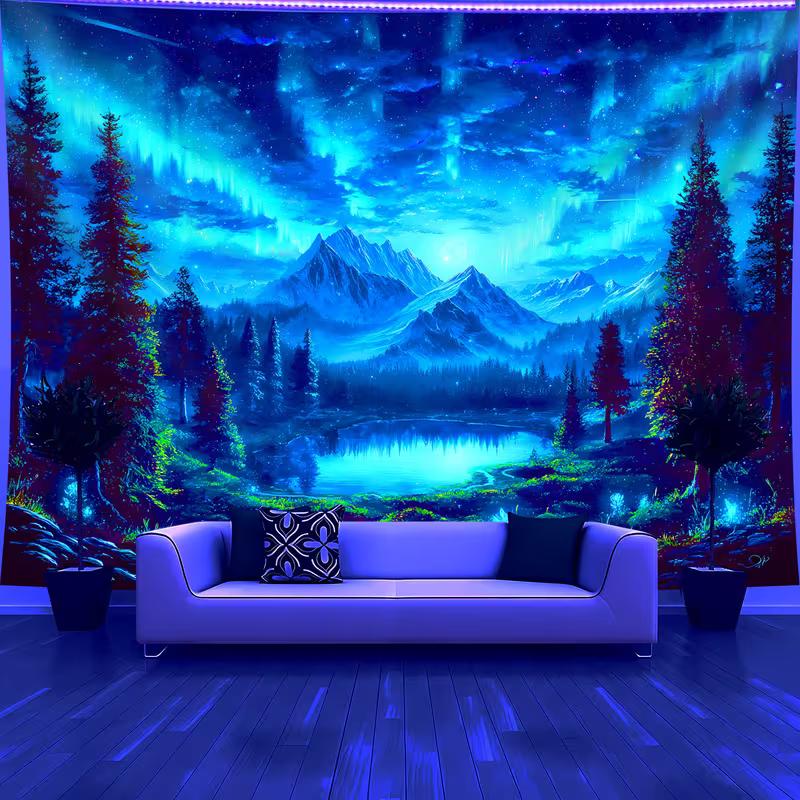 2D Psychedelic Aurora Mountain Blacklight Tapestry, Trippy Landscape Wall Art for Living Room