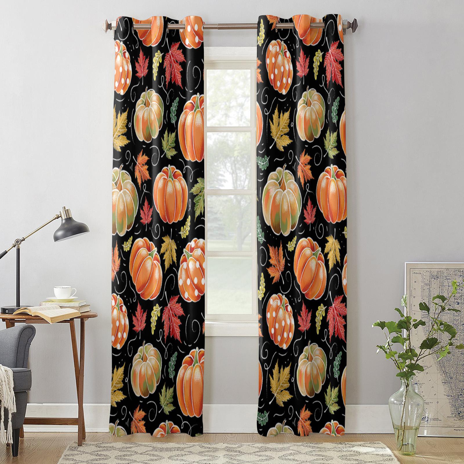Осенние акварельные шторы с тыквой для спальни — фото 5