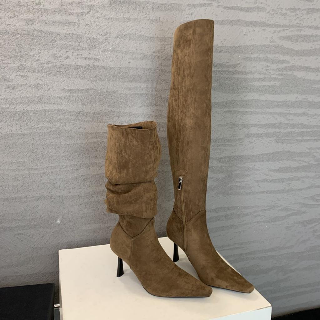 6625-5~ Two Wear Foldable Pile Boots~ High Heel French Pointed Over Knee Boots Women's Boots 2025 New