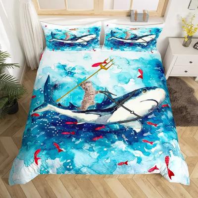 Katze Bettbezug Set Aquarell Wal Fischen Bettwäsche Set Ozean Meereswelle Bettdeckenbezug Marine Nautisch Themen Tagesdecke Bezug
