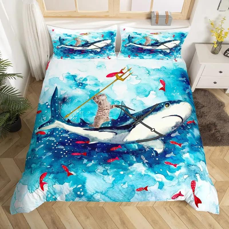 Cat Duvet Cover Set Watercolor Whale Fishing Bedding Set Ocean Sea Wave Comforter Cover Marine Nautical Themed Bedspread Cover
