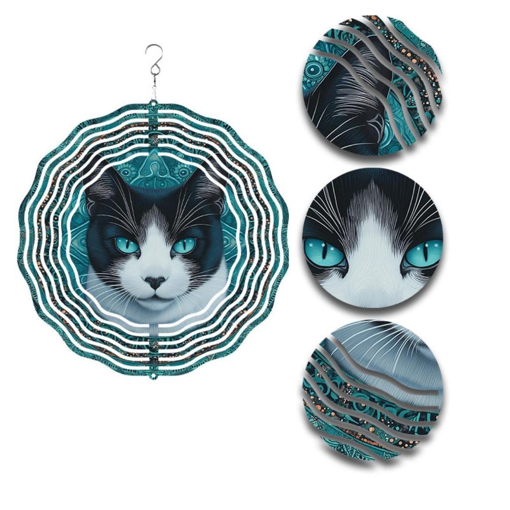 10 Zoll Metall Windspiel Doppelseitiges Katzendesign Blau Weiß Buntglaseffekt Keine Batterie Benötigt mit Aufhängehaken Einfache Installation für Garten