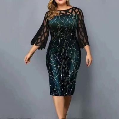 Kadın Balo Elbise See-through Dantel Patchwork Üç çeyrek Kollu O-Boyun Artı Boyutu Elbise Slim Fit Vintage Baskı Yaz Midi Elbise Kadın Giysileri