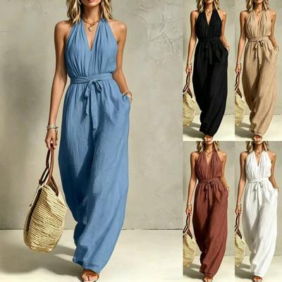 Damen Halter V-Ausschnitt Ärmellos Bindegürtel Einfarbig Weiter Bein Langer Jumpsuit