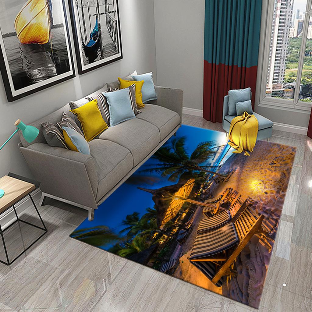 3D Tropical Island Ocean Beach Print Carpet for Kitchen Bathroom Living Room Bedroom Non-slip Absorbent Modern Home Decor Carpet