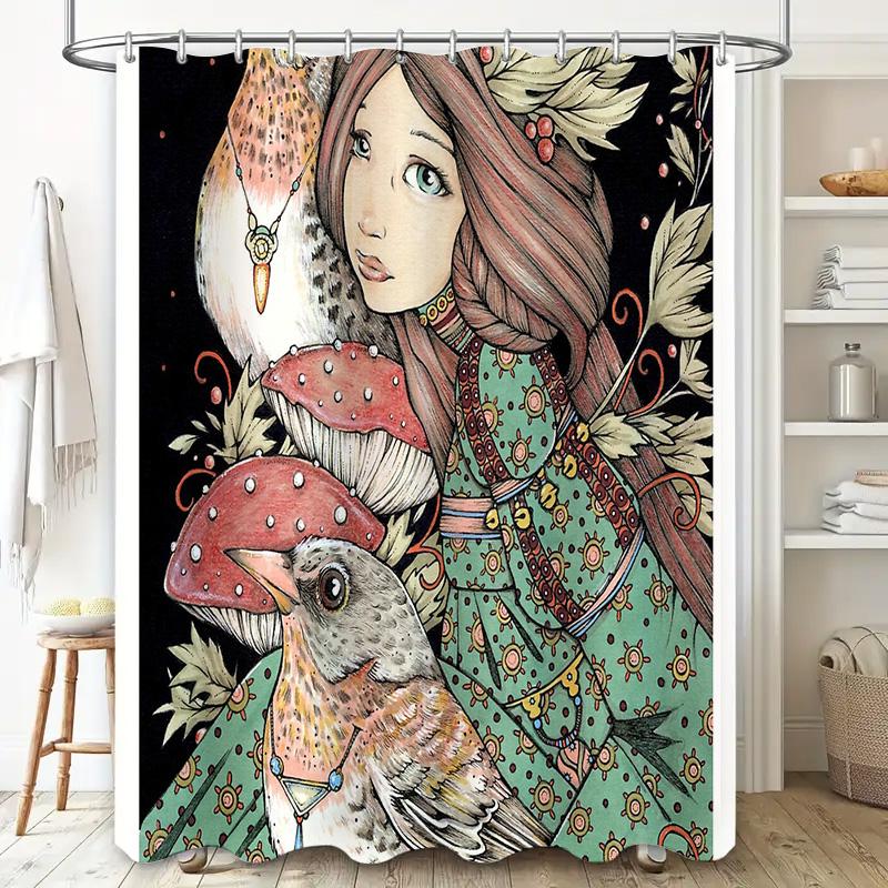 Fantasy Forest Nymph Shower Curtain Nature Witchcore Cottagecore Floral Trees Birds Home Decor Wall Art Tapestry Gift