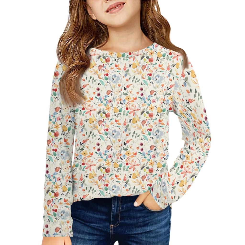 Girls' Long Sleeve Tee - Pleated Round Neck Casual Top