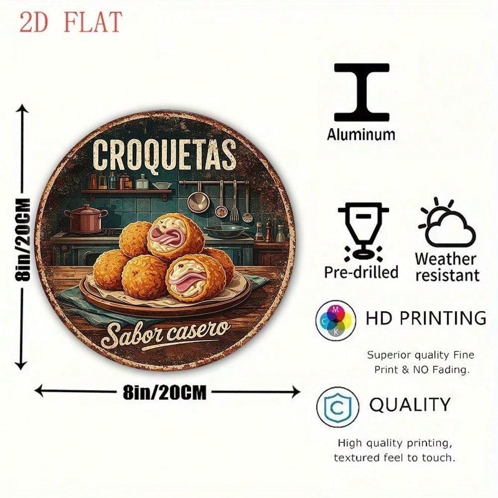 1pc Vintage Croquetas Tin Sign 8x8in Round Metal Plaque Spanish Cuisine Wall Art Kitchen Bar Decor
