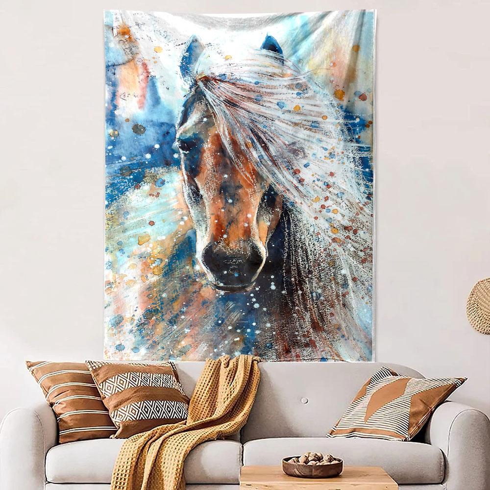 White Horse Watercolor Tapestry Wall Hanging, Elegant Equine Art, Boho Farmhouse Wall Decor for Bedroom Living Room