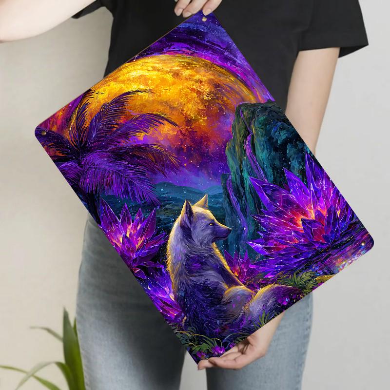 

Mystic White Wolf with Purple Crystals Under Moonlight Scenic Metal Wall Art Decor 20x30cm（7.8x11.8inch）