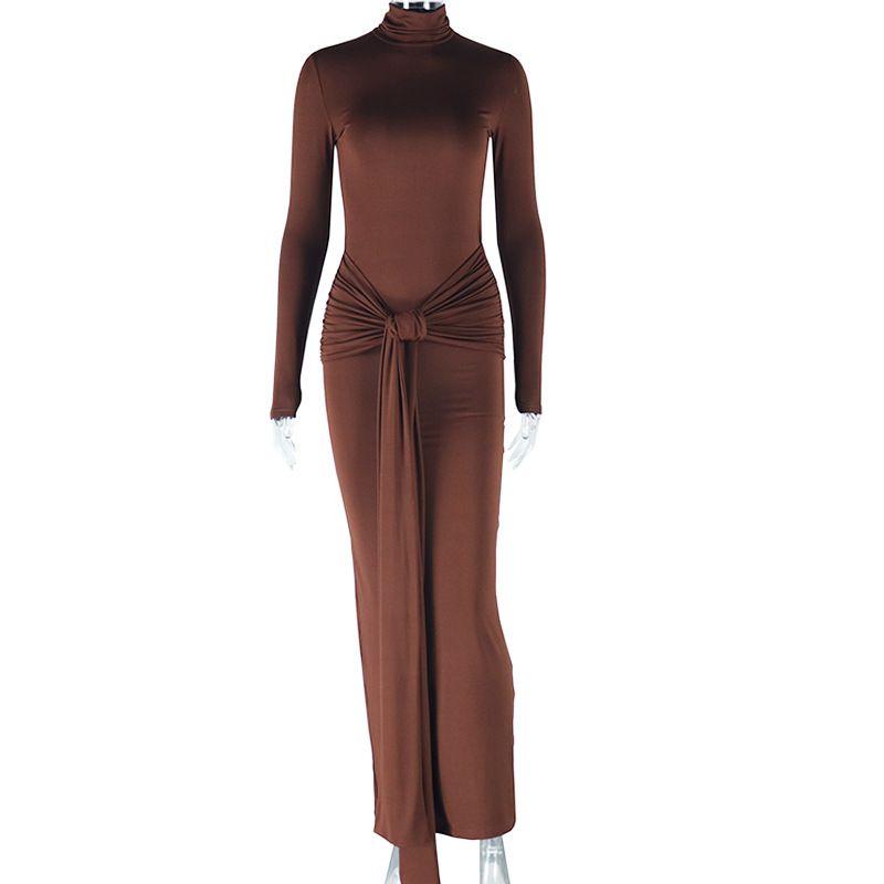 

Fashion Style Ins Foreign Trade Women s Clothing Pure Color round-Neck Long-Sleeved Dress Mid Waist Shoelace Ribbon Temperament Dress Dress Dark brown L