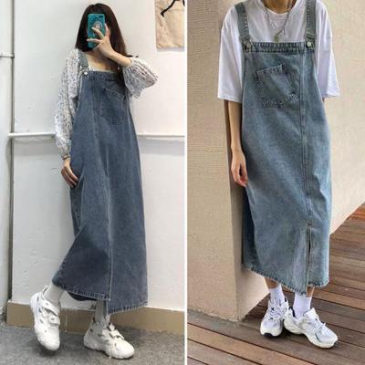 Robe en jean à bretelles, ample, sans col, dos nu, sans manches, poches latérales, ourlet fendu, couleur unie, épaule réglable, robe mi-longue pour étudiante