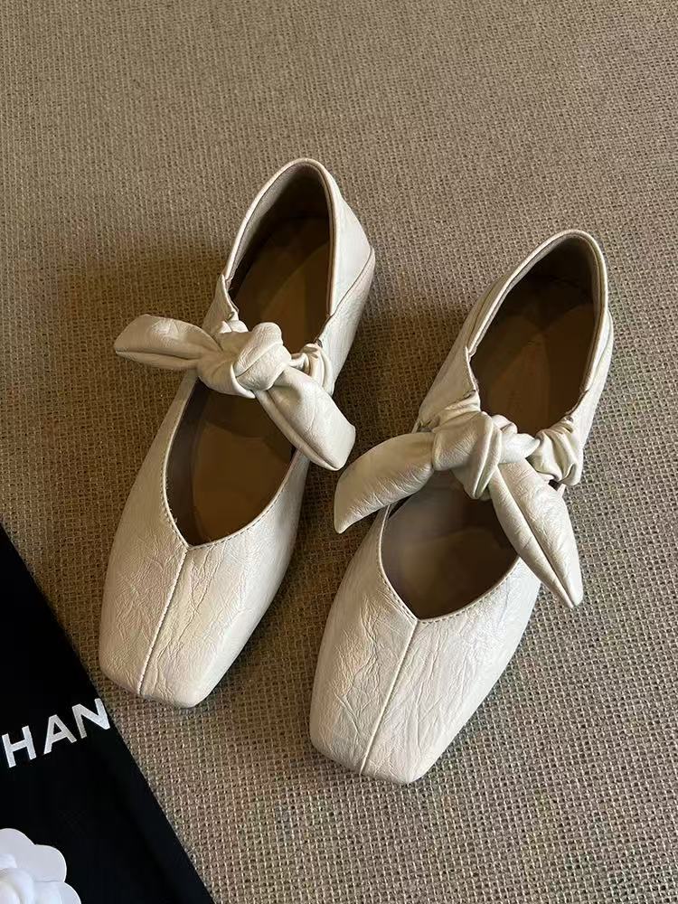 Schafslederversion~ Schleifenwort mit Mary Jane Schuhen Damen Französische weiche Sohle mit Rock eckige Spitze flacher Boden flacher Ausschnitt Einzelner Schuh