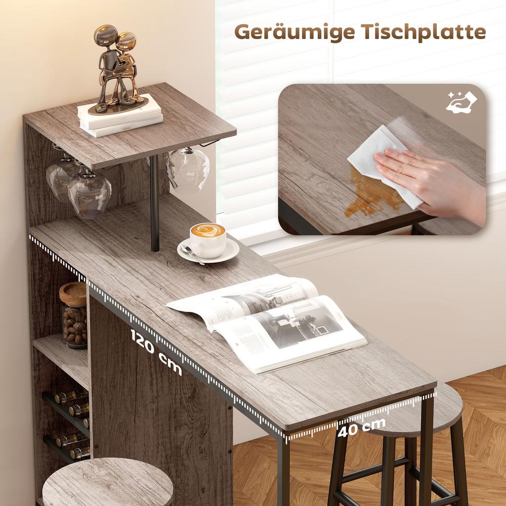 Set Tavolo Alto da Bar a 3 Pezzi con Contenitore, Portabottiglie, Portabicchieri, Sgabelli con Poggiapiedi, per Spazi Piccoli, Grigio