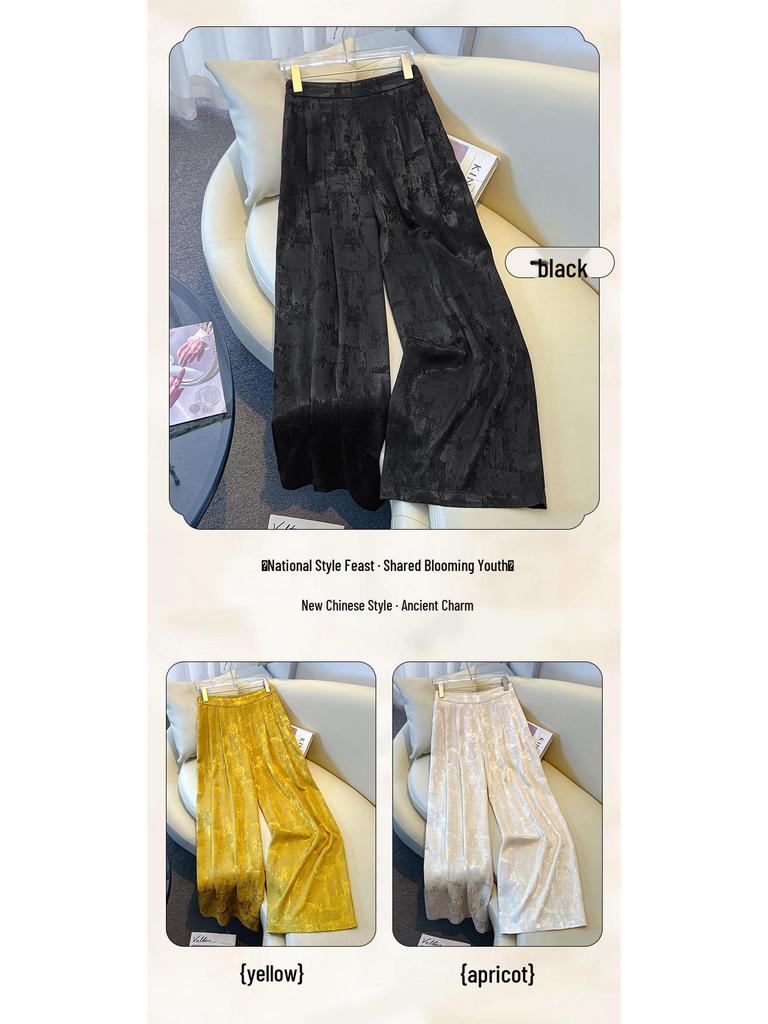 Silk Jacquard Wide-Leg Pants for Middle-Aged Women - Ethnic Style Retro Slimming Design