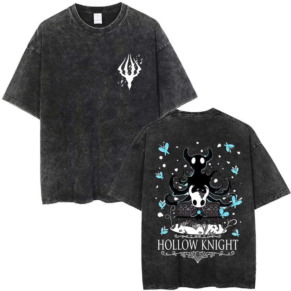 Game Hollow Knight Print Washed Tshirt Men Women Fashion Casual Cotton Tshirts Unisex Vintage Oversized Short Sleeve T Shirts