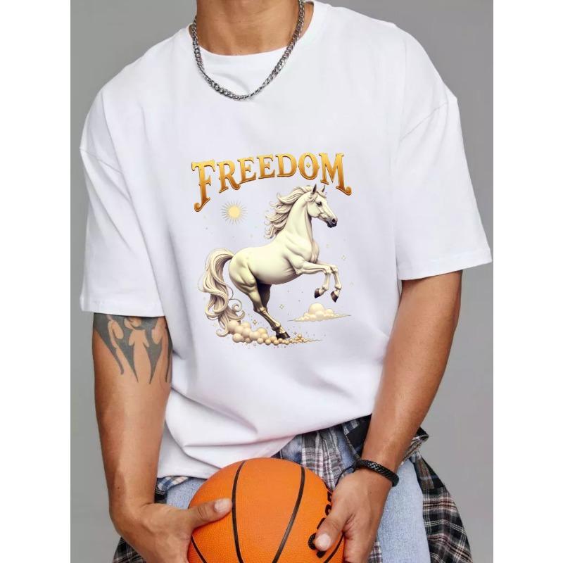White T Shirt with Freedom Horse Print for Casual Wear