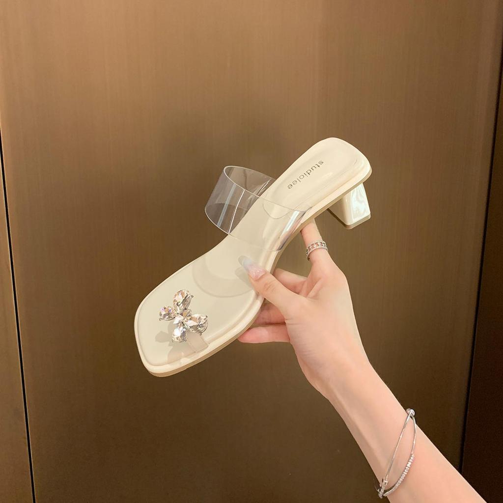 Grape mother, the same fairy character with exquisite butterfly rhinestone temperament square head transparent belt high heels cool slippers woman