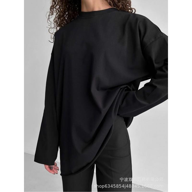 Womens Loose Fit Long Sleeve Cotton T-Shirt With Handcrafted Distressed Detail 2026 Casual Top