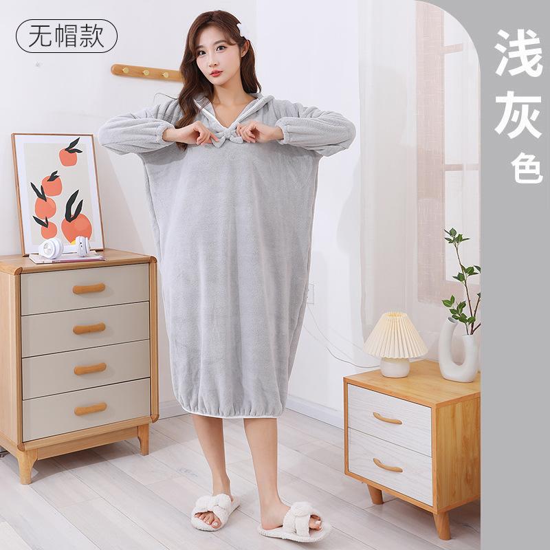 Women's Long Bathrobe Absorbent Bath Towel Coral Fleece Thickened Home Hooded Long Sleeved Bath Skirt
