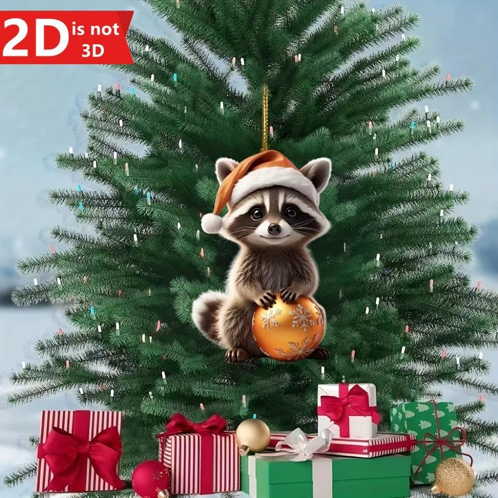 2D Christmas Raccoon Pendant with Hat for Bags and Car Interiors. A Uniquely Charming Festive Decor.