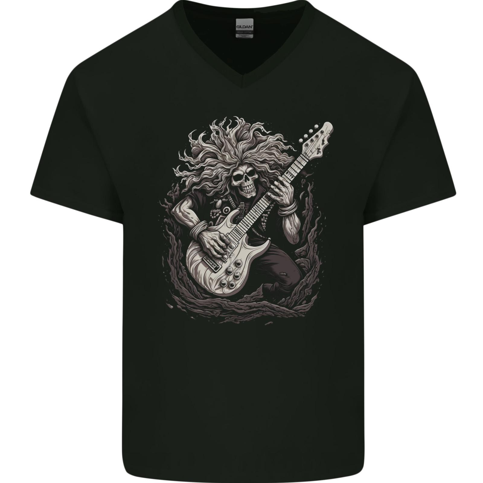 Heavy Metal Rock Skull Guitar Music 2 Mens VNeck Cotton T-shirt S