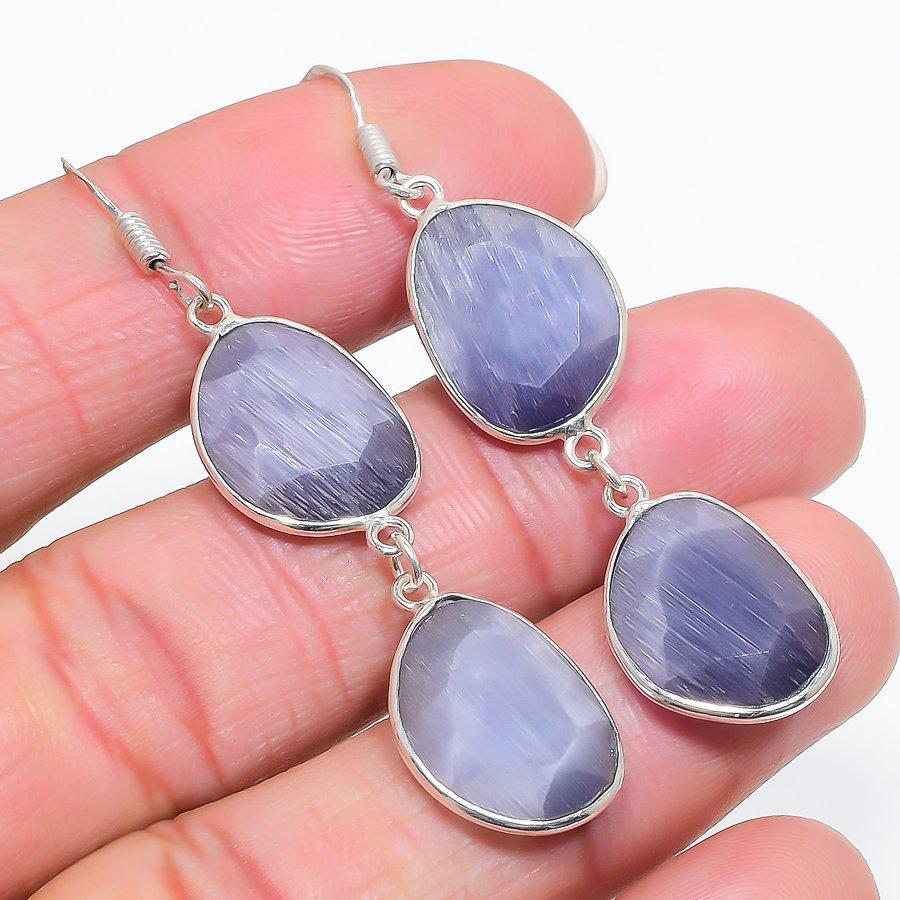 Blue Monalisa Gemstone Handmade 925 Sterling Silver Jewelry Earring 2.44" GK-6410