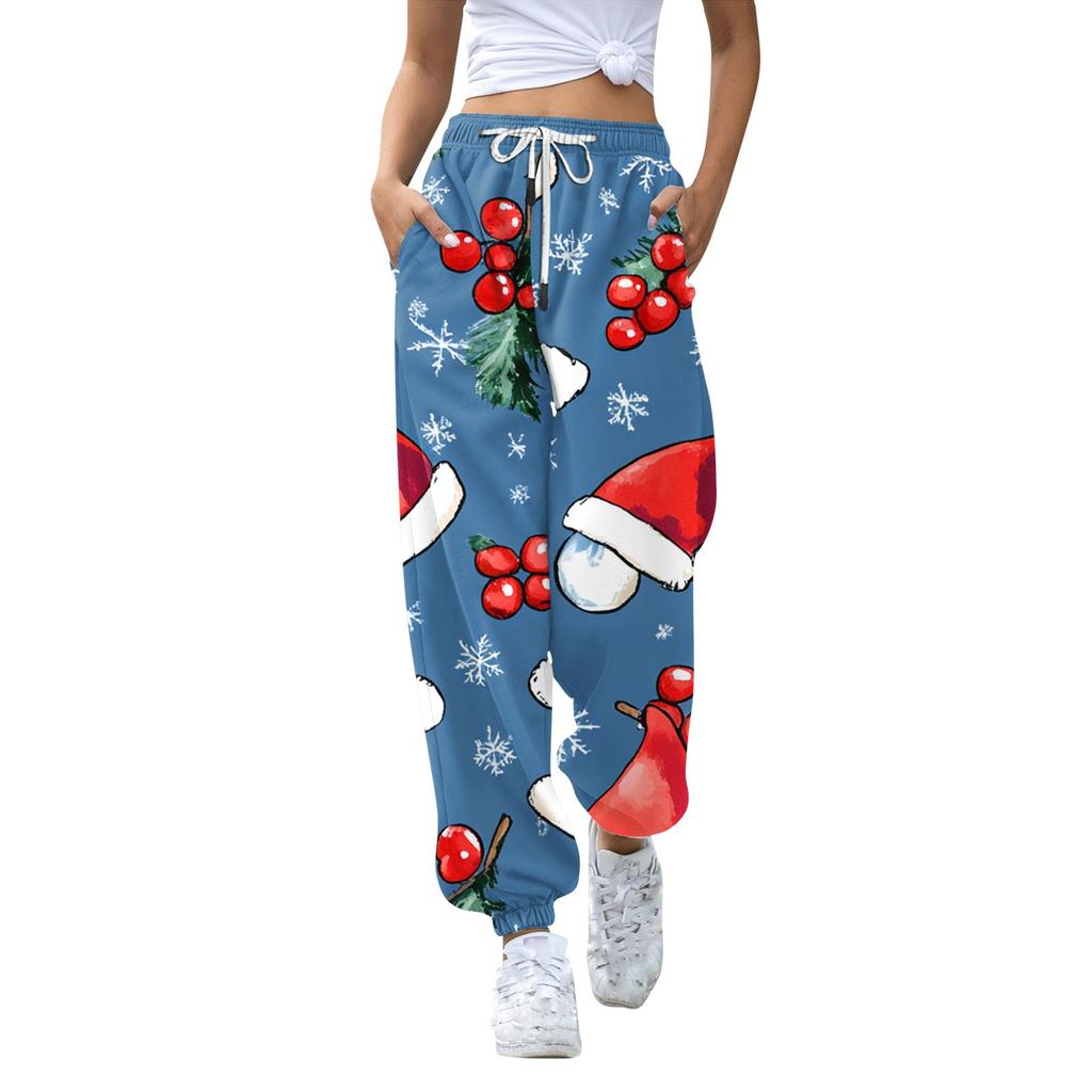 Women's High Waisted Sweatpants Christmas Print With Pockets Drawstring Trousers