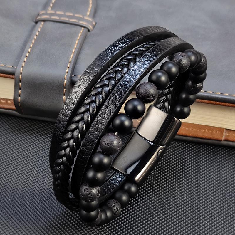 2026 New Fashion Beads Volcanic Lava Stone Bracelet for Men Leather Male Bracelet with Stainless Steel Magnet Men Jewelry Gift