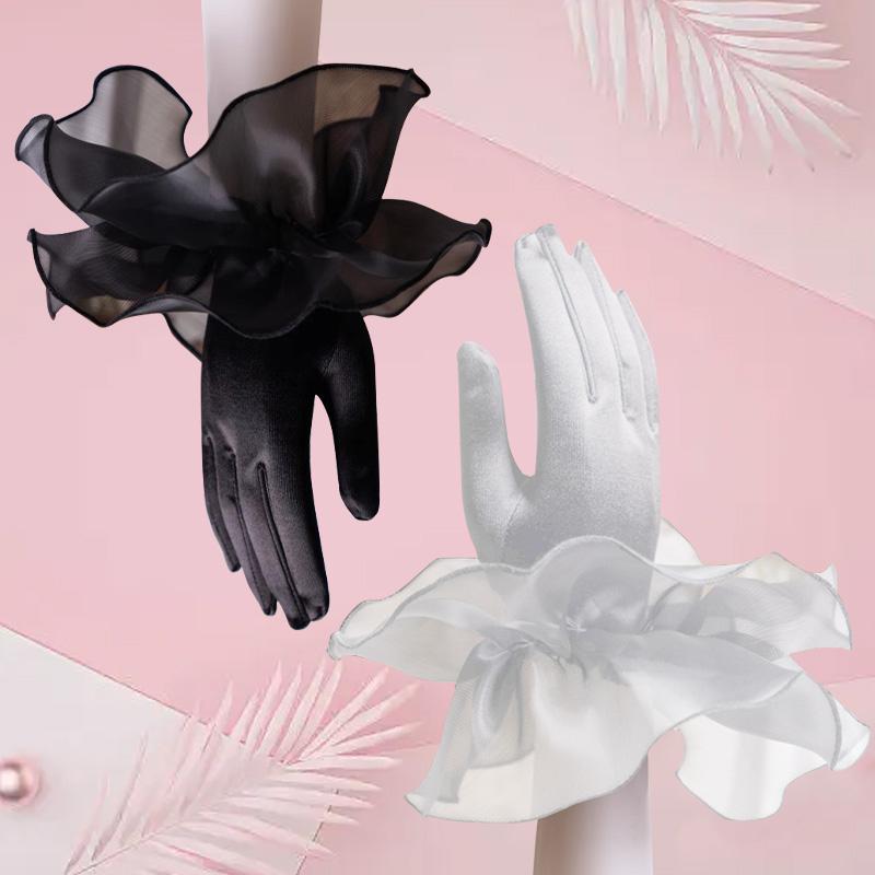 

1 пара варежек на запястье с длинными фатиновыми оборками и реквизитом для фотосъемки, полностью закрывающими пальцы, элегантными бархатными перчатками для свадьбы для женщин