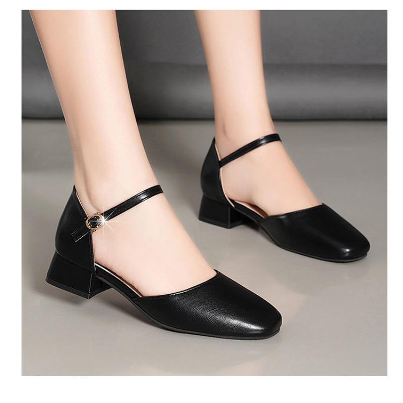 2025 Square-toed Sandals for Women, Thick Heels, Summer Korean Version, Low Heels, Professional, One-strap, Simple Women's Shoes
