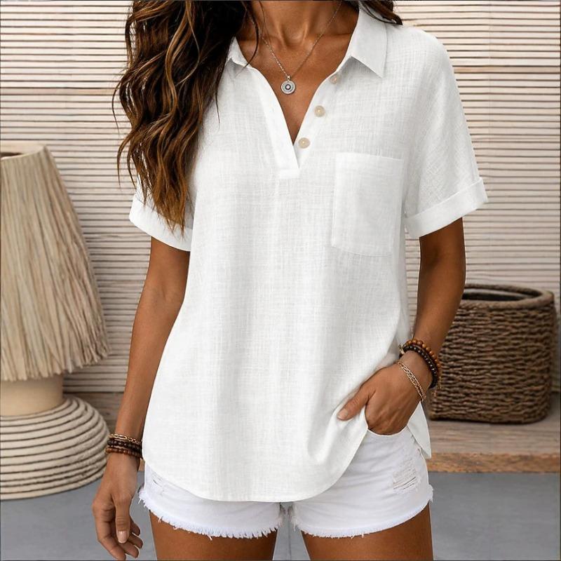 Solid Color Fashion Casual Lapel Short Sleeve Shirt For Women