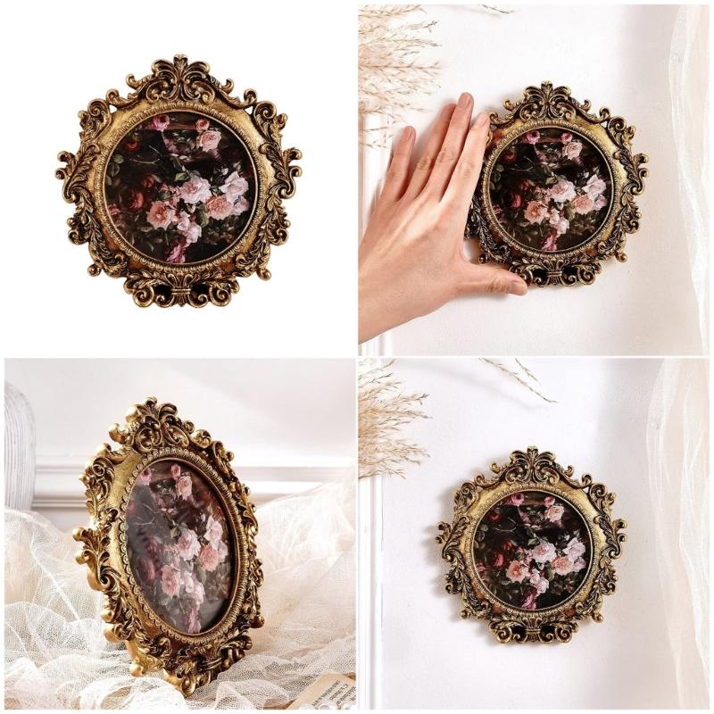 Elegant Baroques Resins Photo Frame with Antique Design Vintage Round Golden Picture Frame Wall Hanging or Desktop