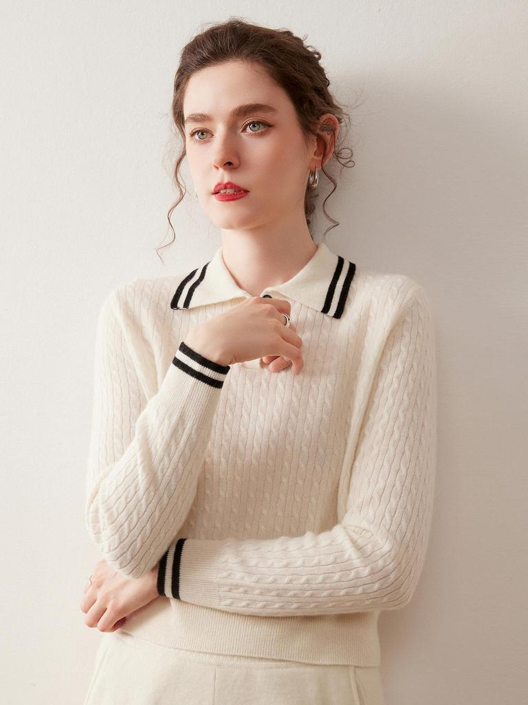 Women's Contrast Color Cashmere Polo Neck Sweater - Autumn & Winter Collection