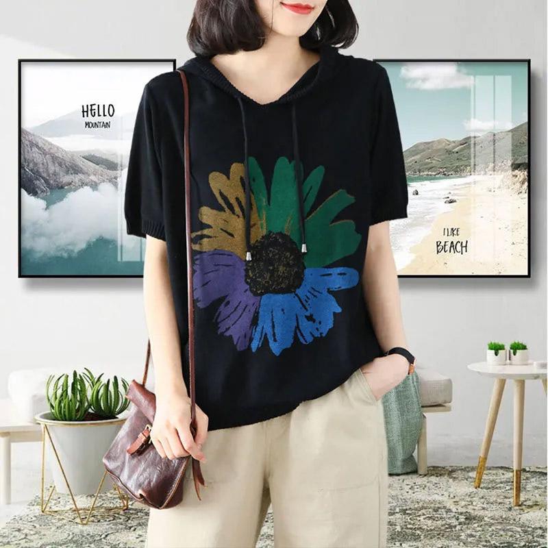 T-shirt for Women Summer Large Size Cotton Hooded Knit Short Sleeve Top Soft Loose Casual Comfortable Pullover T-shirt Top