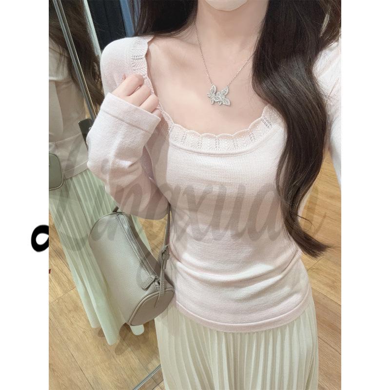 

Sexy Lace Trim Patchwork Slim Fit Long Sleeve T-Shirt for Women One Size розовый