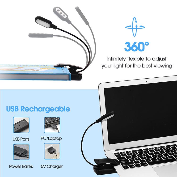 Flexible Neck 5 Modes Light Temperature 3000K 3500K 4000K 5000K 6000K Dimmable USB Rechargeable LED Book Reading