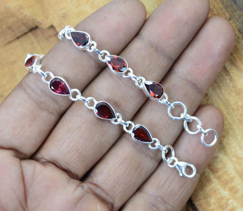 Solid 925 Sterling Silver Garnet Gemstone Boho Tennis Bracelet Charm Jewelry Designer Bracelet