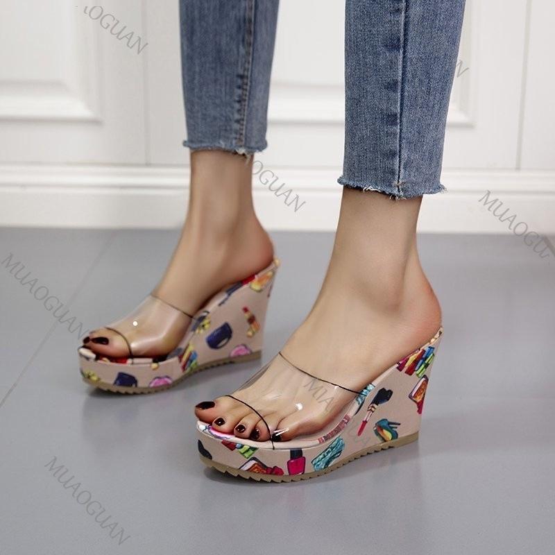 Fashion Printing Wedges High Heels Slippers for Women Gladiator Sexy PVC Transparent Peep Toe Ladies Slides Summer Retro Platform Sandal