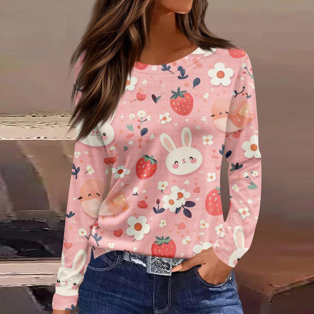 Women's Fashion Casual Slit Hem Round Neck Long Sleeve Loose Printed T-Shirt Ladies Top