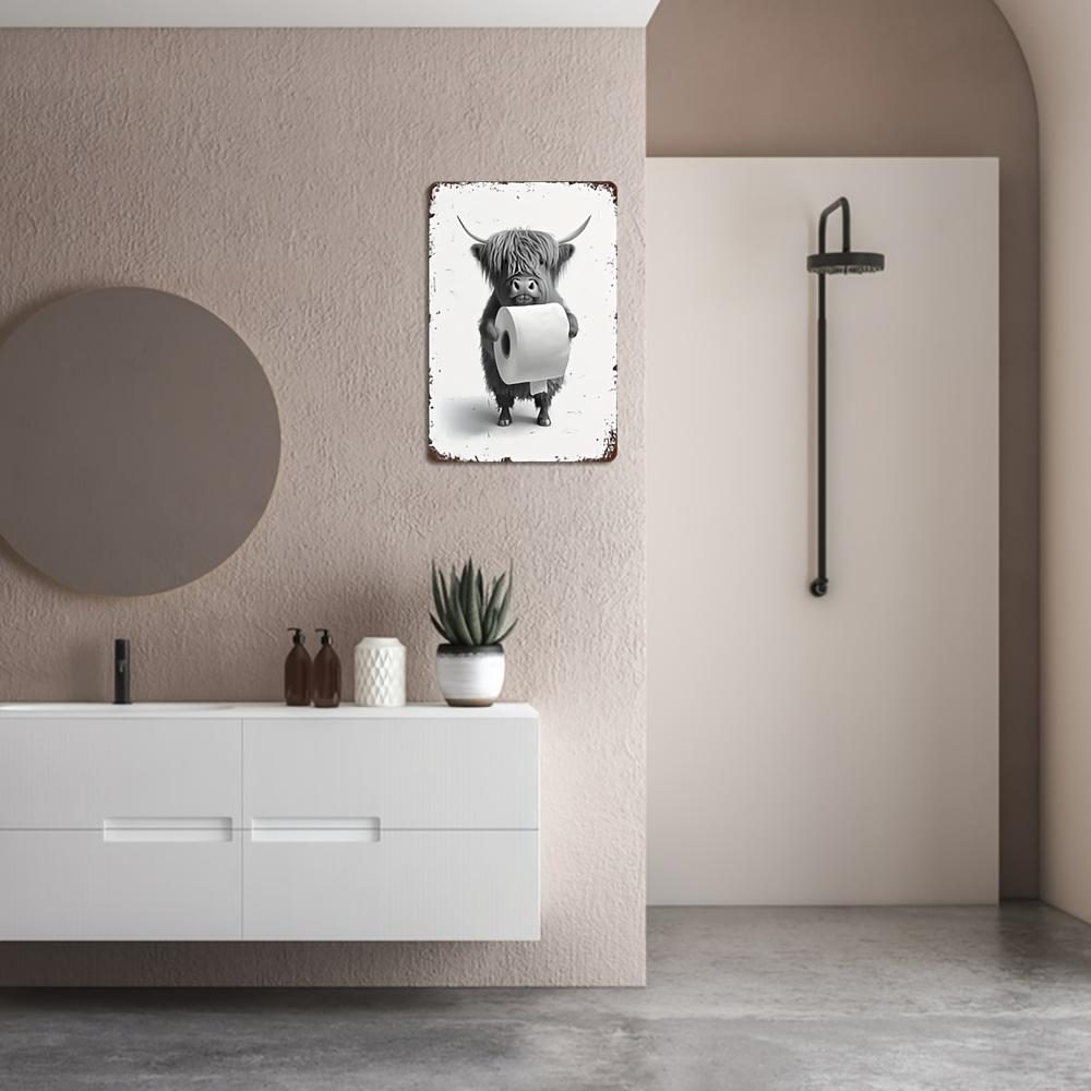 1 Whimsical Highland Cow with Toilet Paper Metal Tin Sign 12x8 Inch - Charming Bathroom Wall Art - Quirky Farmhouse Decor