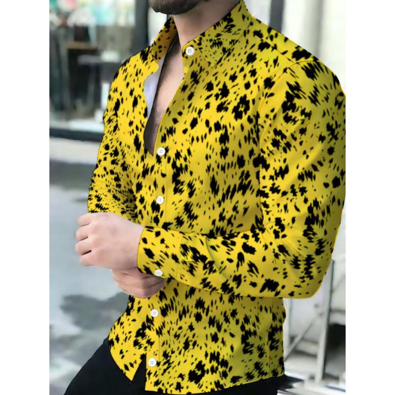 Men's Printed Long Sleeve Button Down Shirts Turn Collar Nightclub Casual Camisas Hombre Plus Size Streetwear Fashion Top