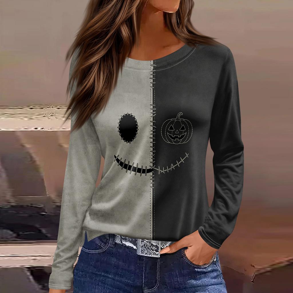 Women's Halloween Print Long Sleeve Top with Round Neck and Hem Slit for Casual Party Wear