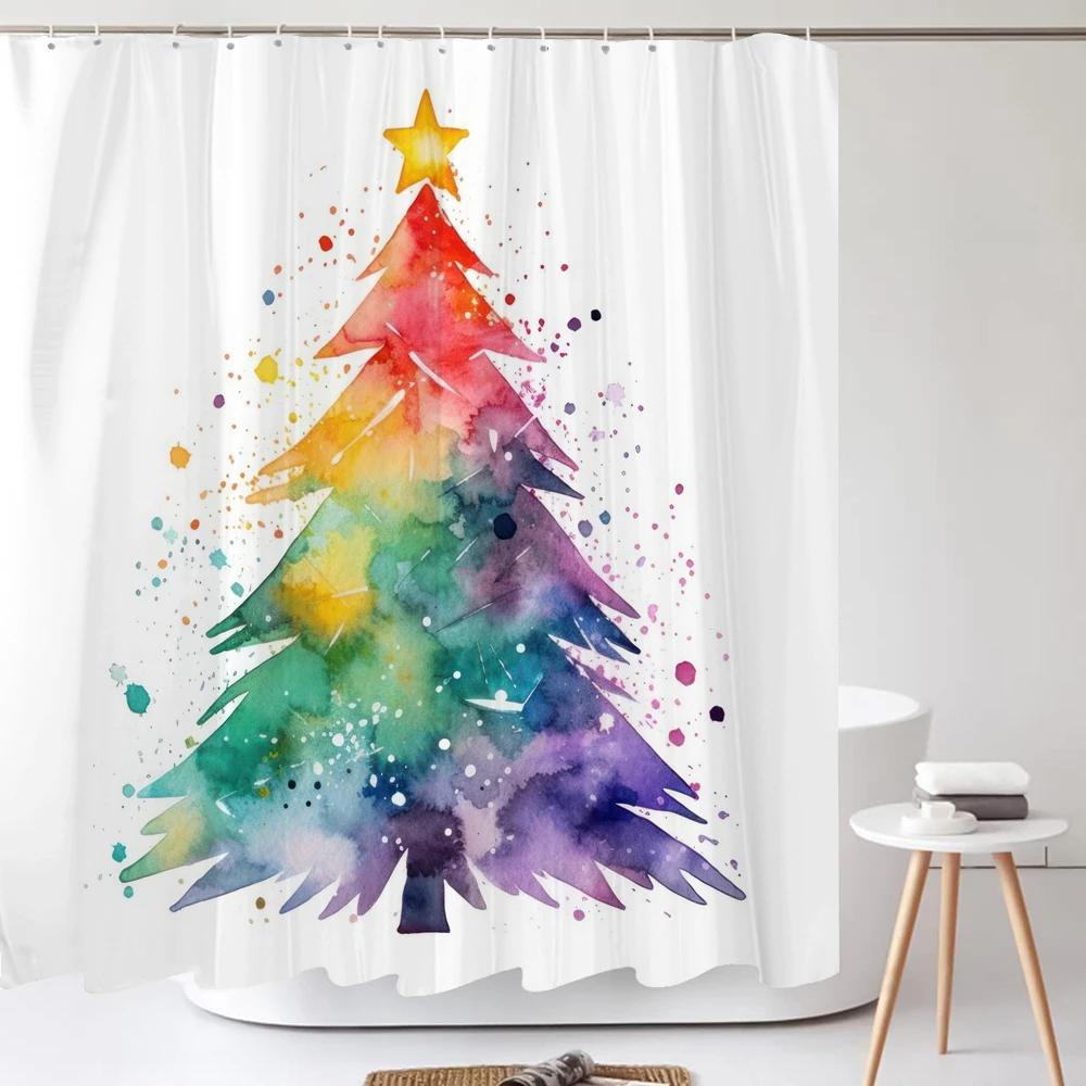 Christmas Shower Curtain Santa Claus Winter Christmas Tree Polyester Colorful Bath Curtain Home Bathroom Decor Curtain With Hook