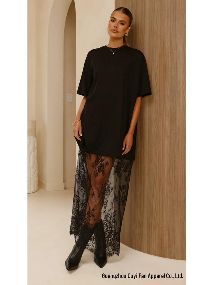 Elegant Lace Patchwork See-Through Hem T-shirt Dress - Casual Short-Sleeved Style