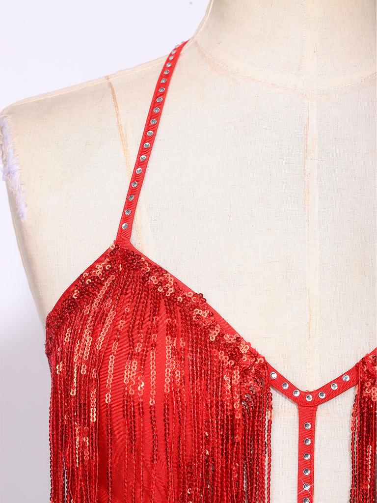 Damen Bauchtanz Bodysuit mit Fransen Pailletten Quasten Ausgeschnitten Rückenfrei Glänzend Jumpsuit