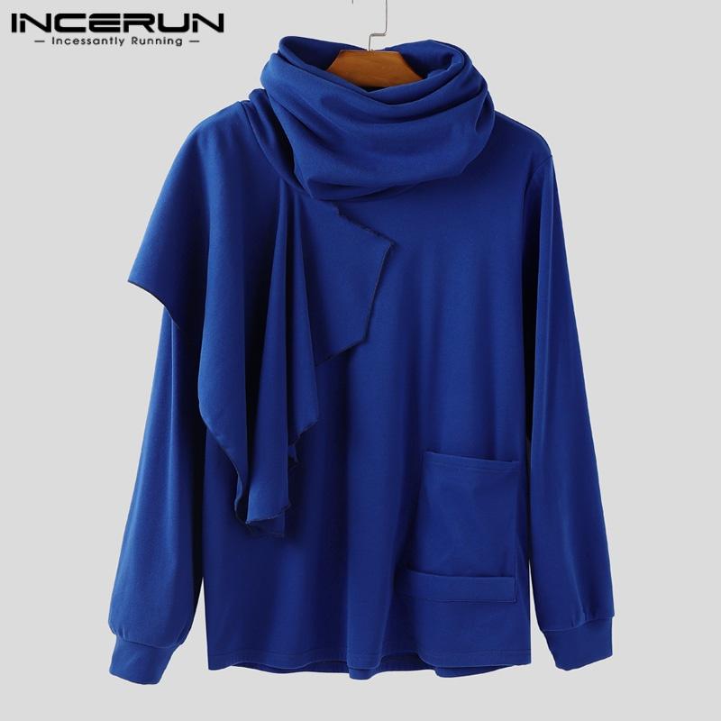 INCERUN Autumn Men High Cowl Neck Long Sleeve Ruffled Irregular Casual Tops T-shirts
