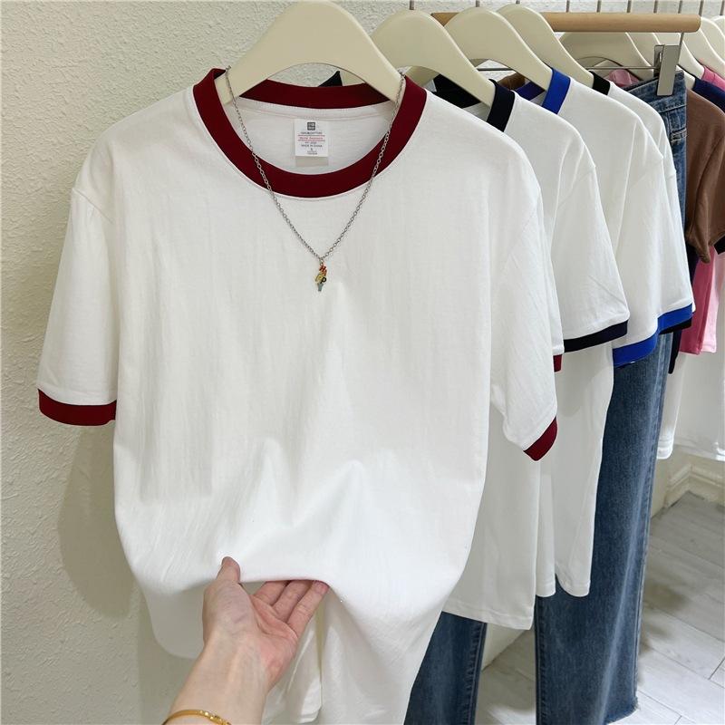 Special Offer, Pure Cotton, Summer New Contrasting Color Splicing Loose Casual Versatile Short-sleeved T-shirt Women's and Men's Couples' Clothing